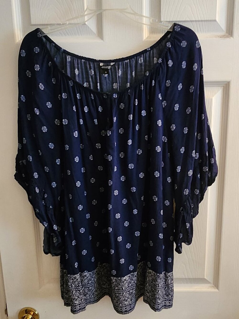 Blue patterned tunic, half sleeves, V-neck with hook closure, Women's, Size 2x